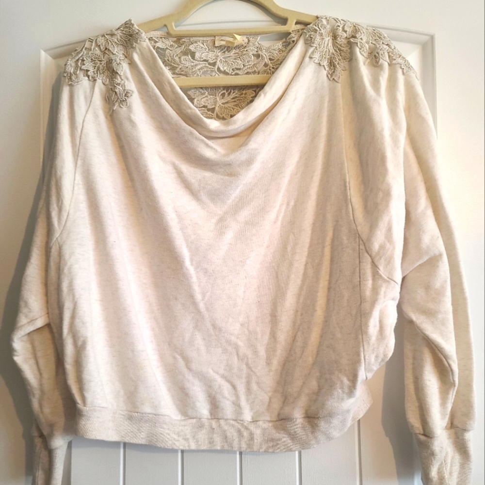Anthropologie swoop neck lace embroidered back crop sweater size small